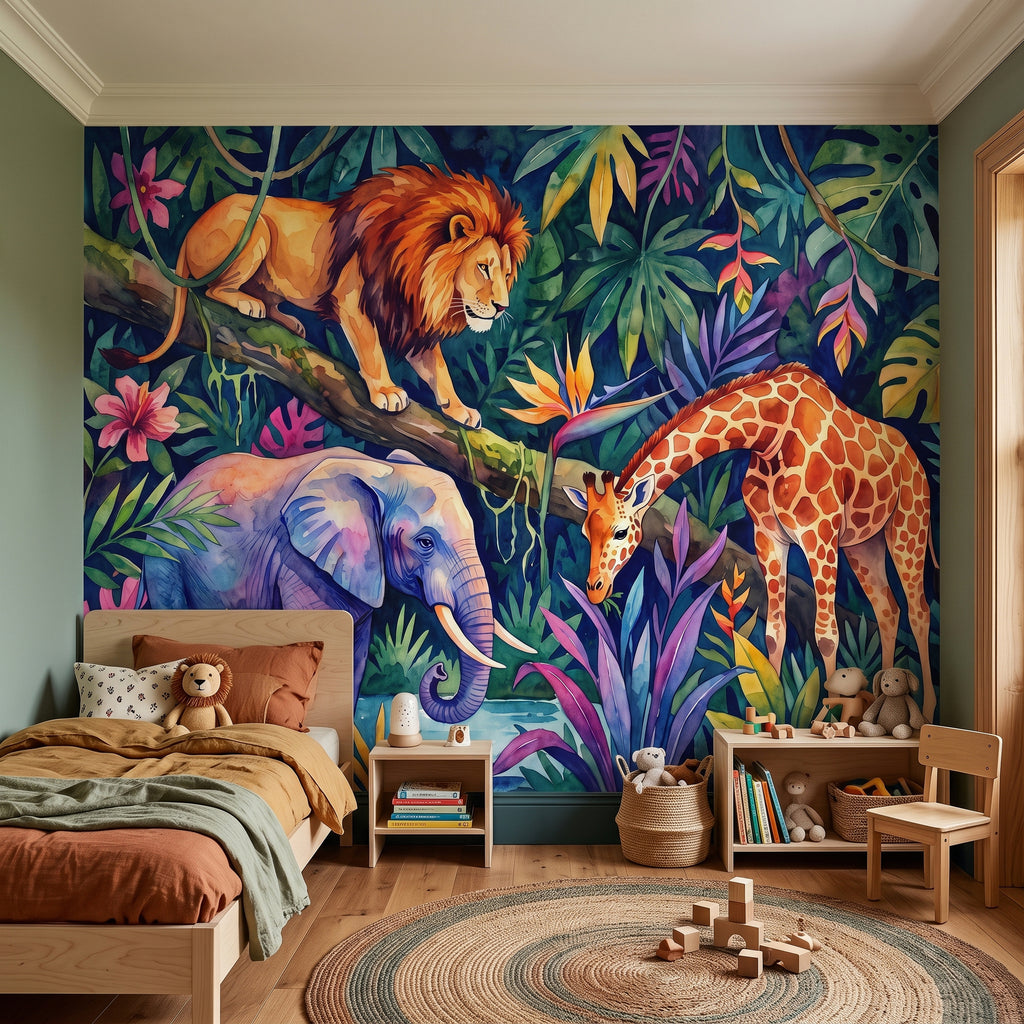 Vibrant safari animal wall mural featuring lion, elephant, and giraffe with jungle foliage