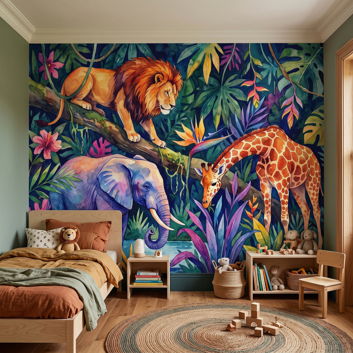Vibrant safari animal wall mural featuring lion, elephant, and giraffe with jungle foliage