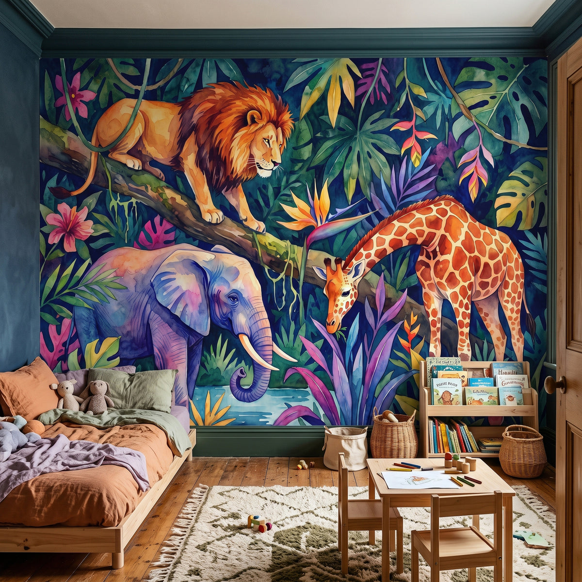 Whimsical jungle mural art with roaring lion, elephant, and giraffe in lush leaves