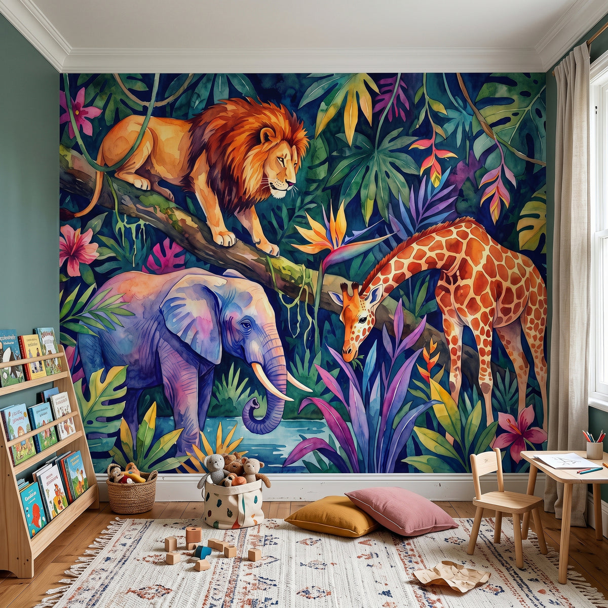 Safari wildlife wall mural showing lion, elephant, and giraffe surrounded by tropical foliage