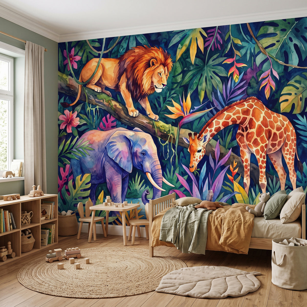Colorful jungle wildlife wall mural with lion on tree limb, elephant, and spotted giraffe