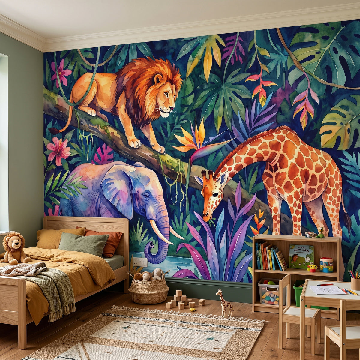 Tropical jungle wall mural with lion, elephant, and giraffe over vibrant leaf patterns