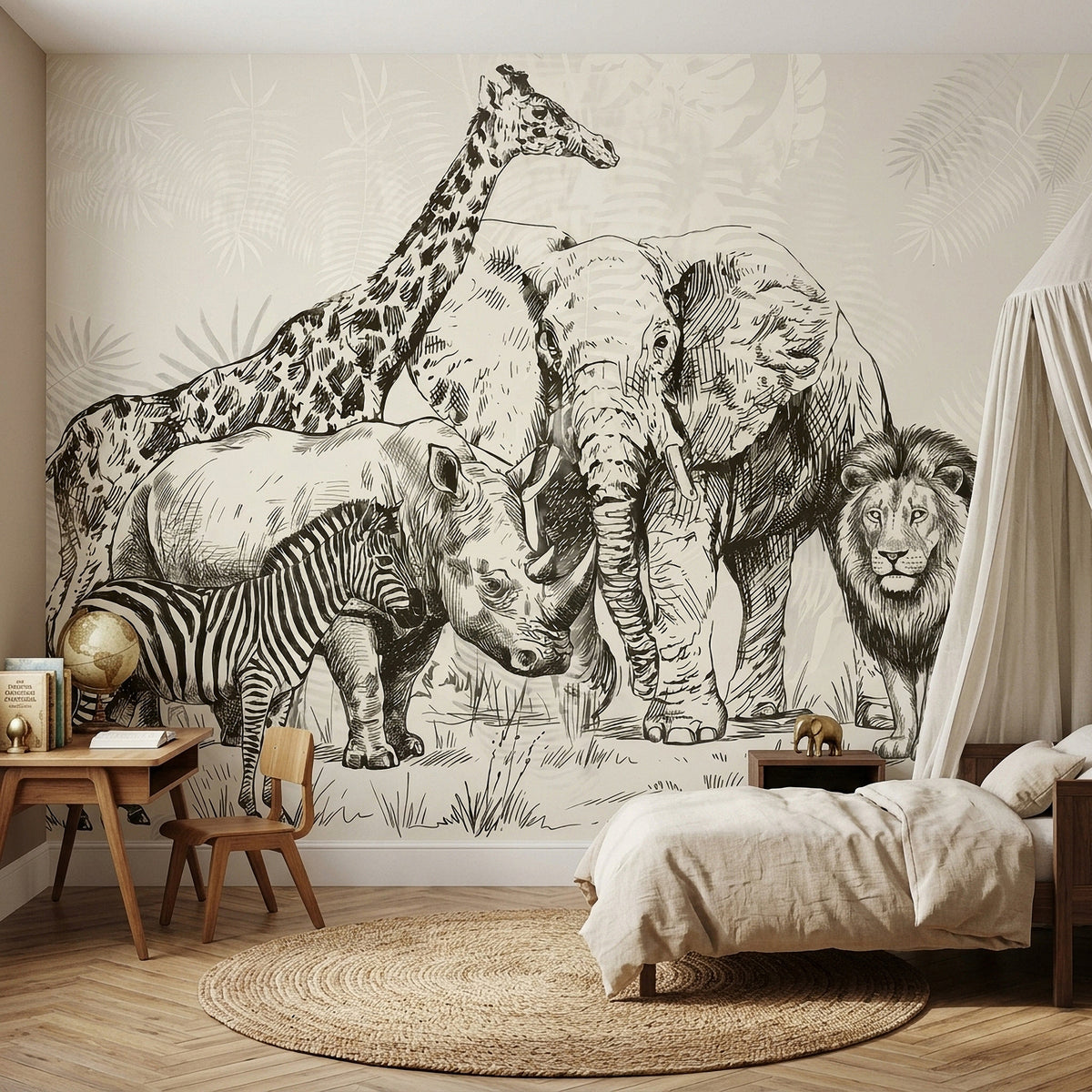 Safari wall mural featuring engraved elephant, lion, giraffe, zebra, and rhino