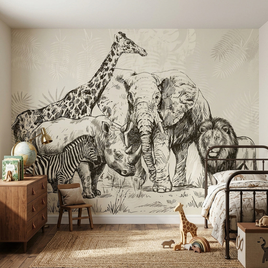 Large safari animal wall mural in black line engraving with elephant, lion, giraffe, zebra