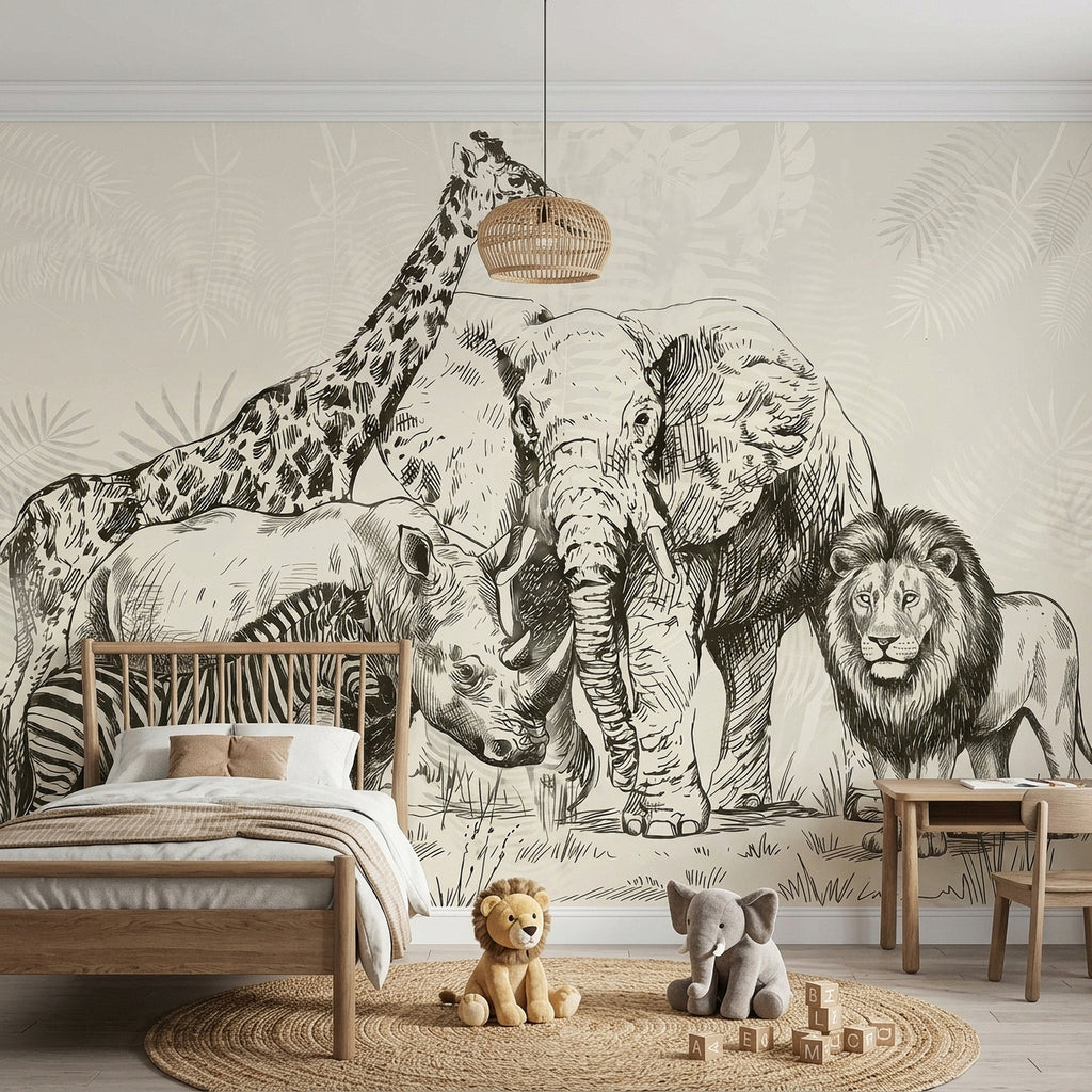 Safari animal wall mural with engraved elephant, lion, giraffe, zebra, and rhino details.