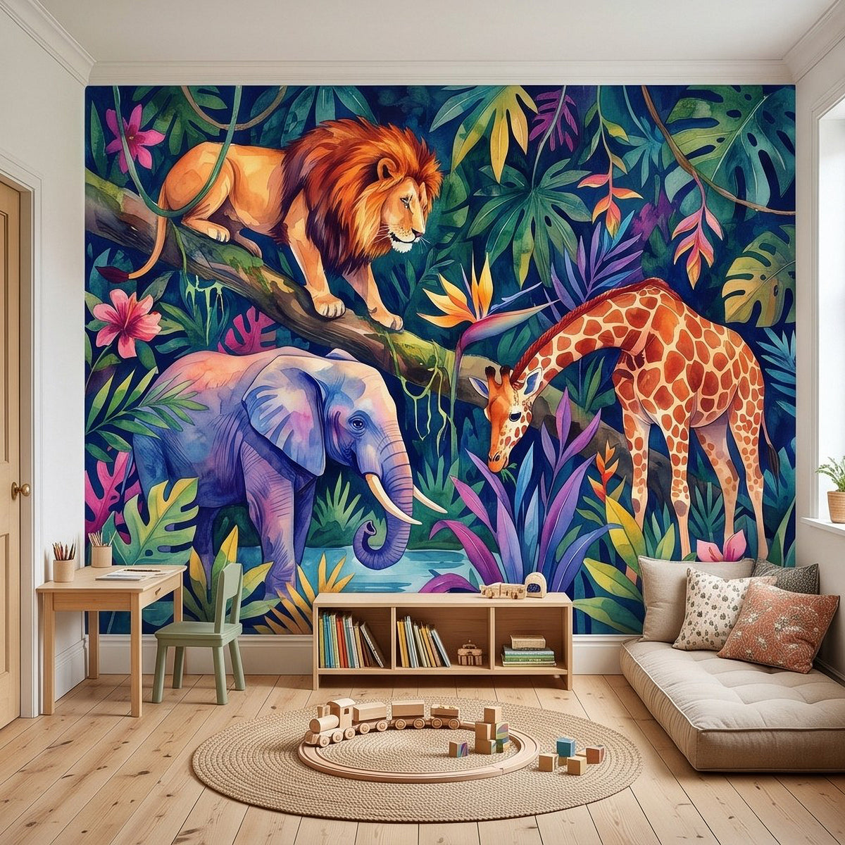 Jungle wildlife wall mural backdrop featuring lion, elephant, and giraffe