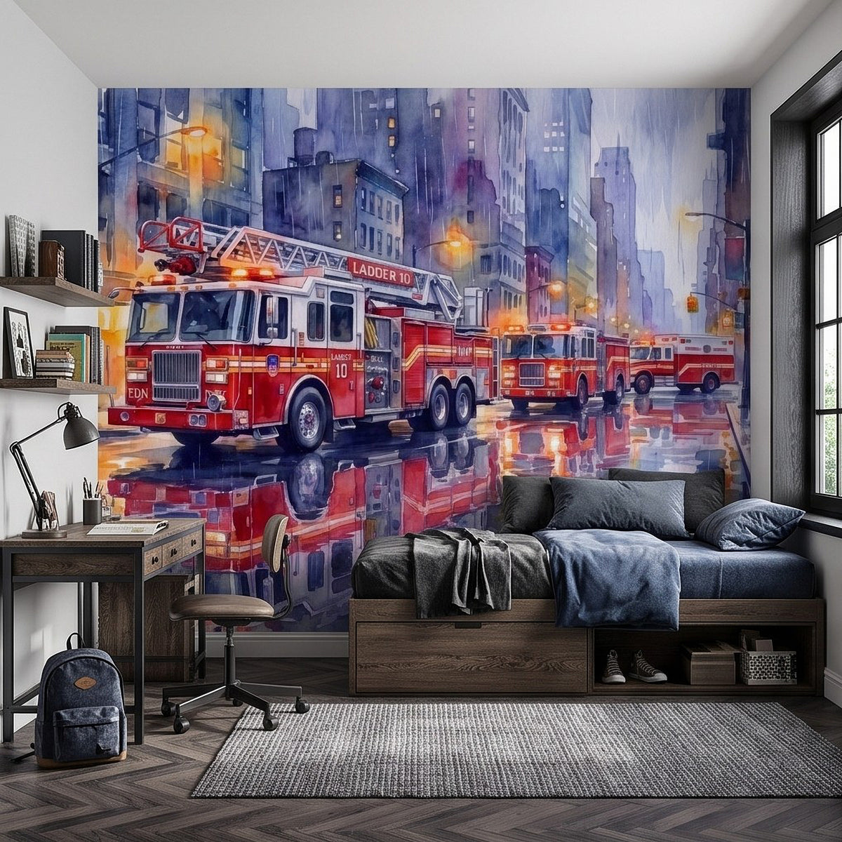 Fire truck wall mural across full bedroom wall with red fire engines and city skyline