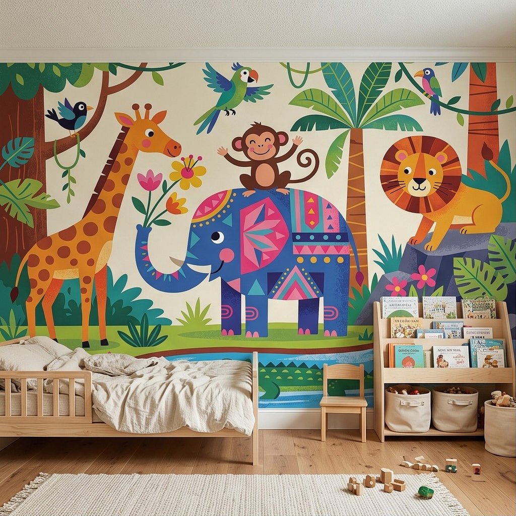 Jungle animal mural scene with elephant, giraffe, lion, monkey, parrots, and flowers