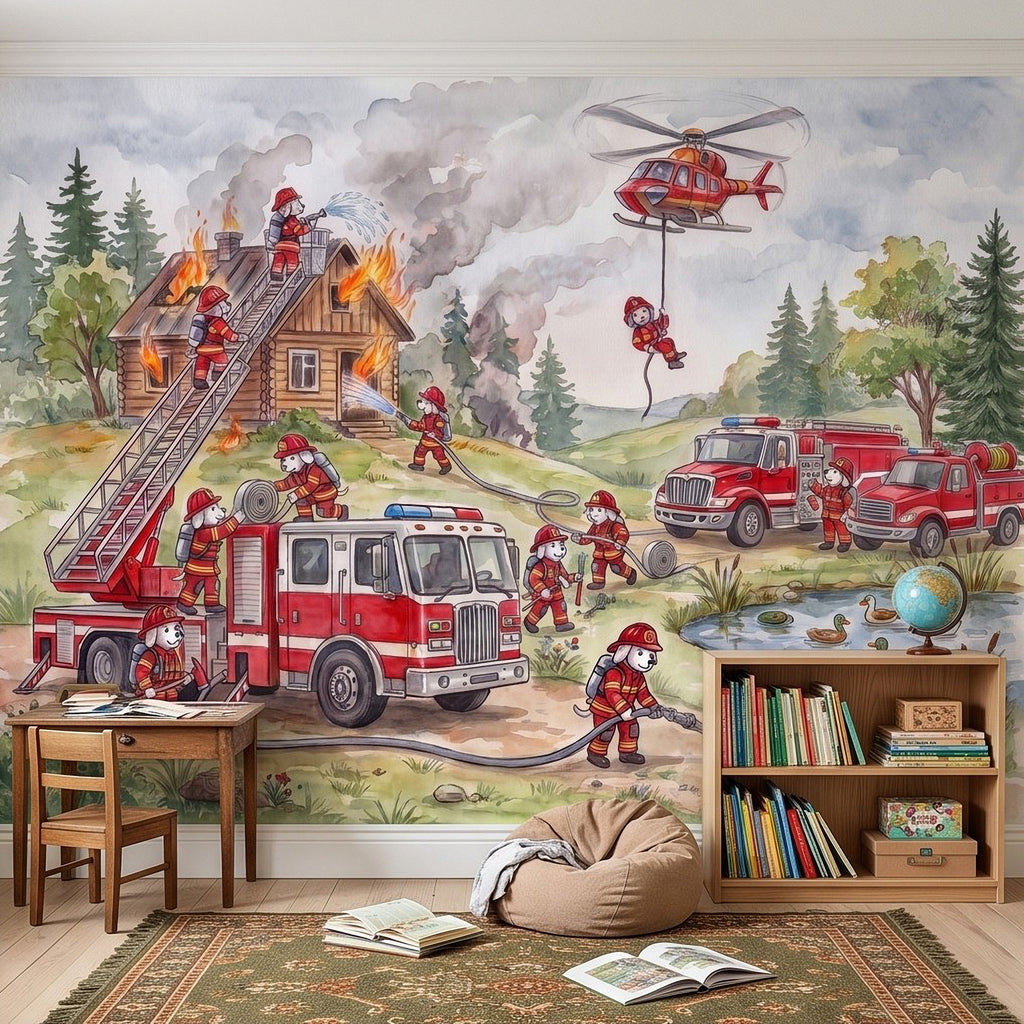 Firefighter wall mural featuring red trucks, firefighters spraying hose, burning house, helicopter