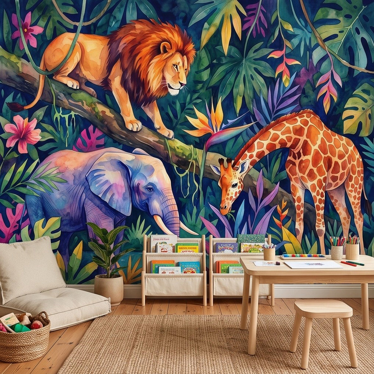 Watercolor jungle wall mural showing lion on branch, elephant, and giraffe among plants