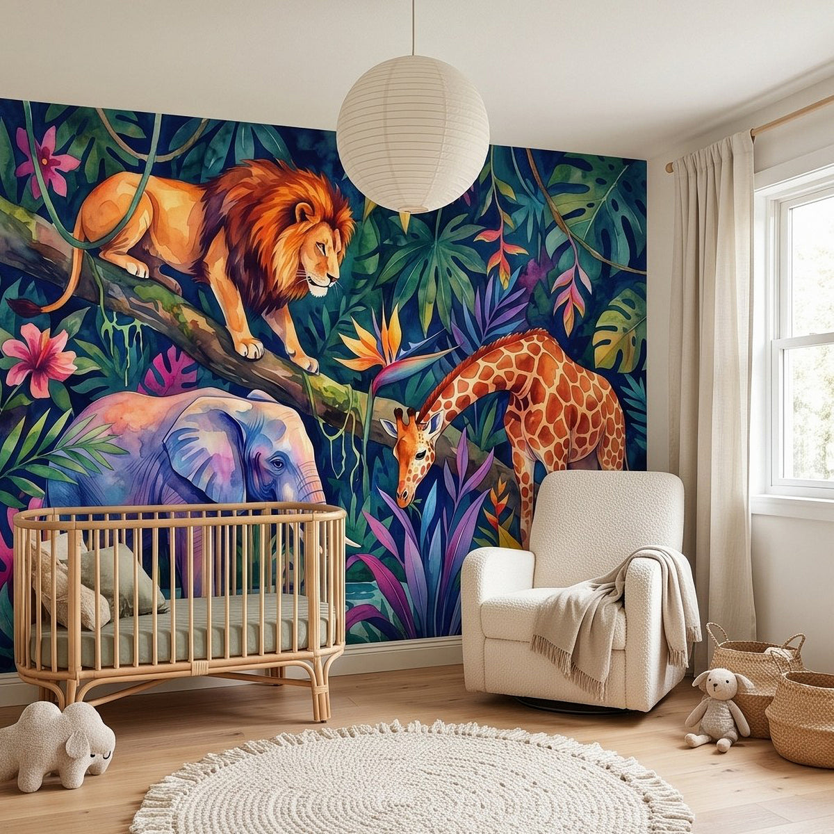 Kids jungle animal wall mural featuring lion, elephant, and giraffe in foliage