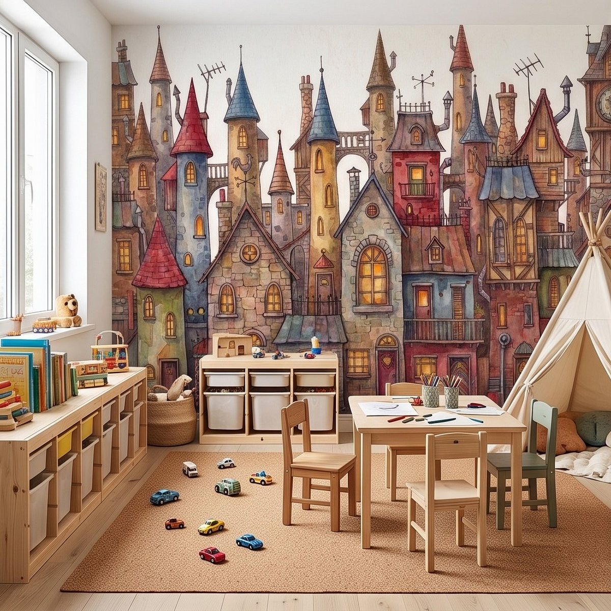 Watercolor medieval village wall mural with castle towers and colorful house facades