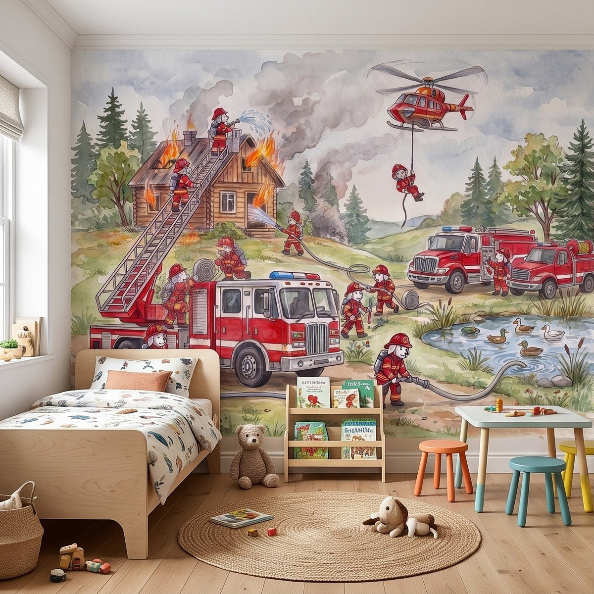 Firefighter wall mural with red trucks, firefighters on ladder, burning house, helicopter