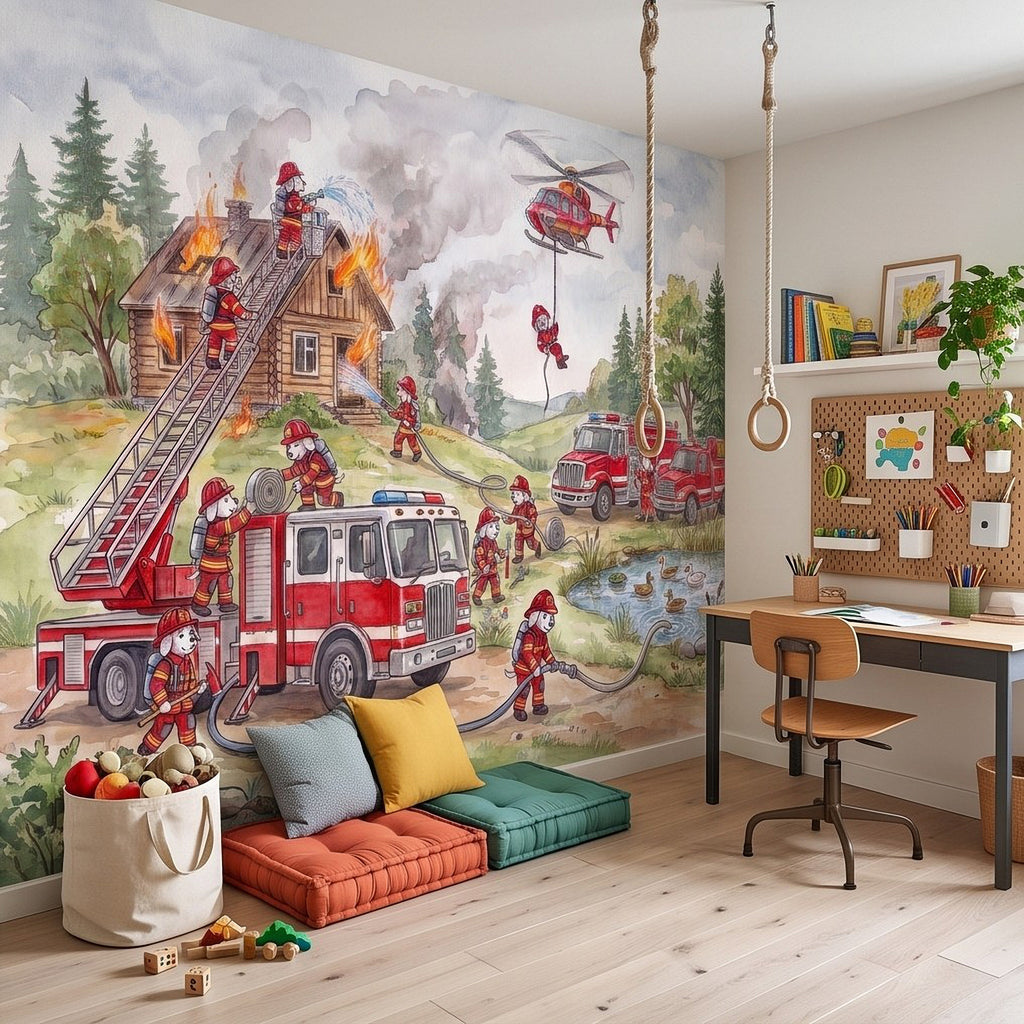 Firefighter rescue wall mural with red fire truck, firefighters, helicopter, and flames