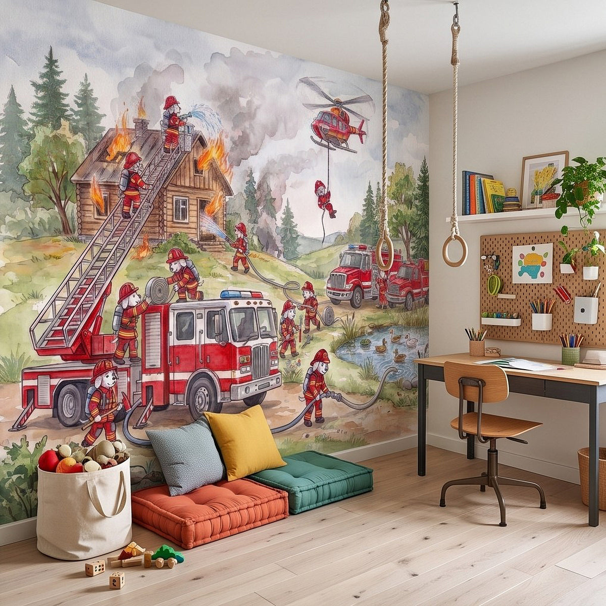 Firefighter rescue wall mural with red fire truck, firefighters, helicopter, and flames