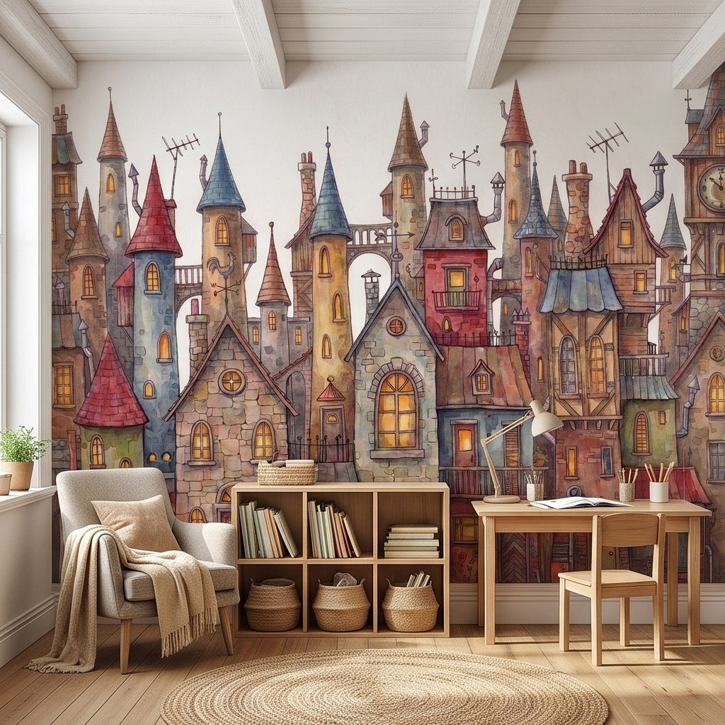 Colorful storybook castle village wall mural with tall towers and multi-color rooftops