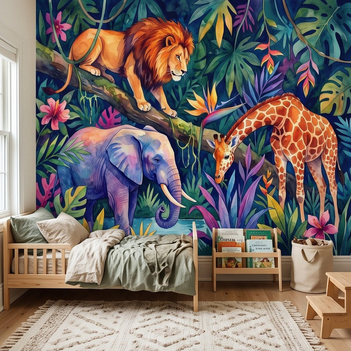 Jungle animal wall mural showing lion on branch, elephant, and giraffe