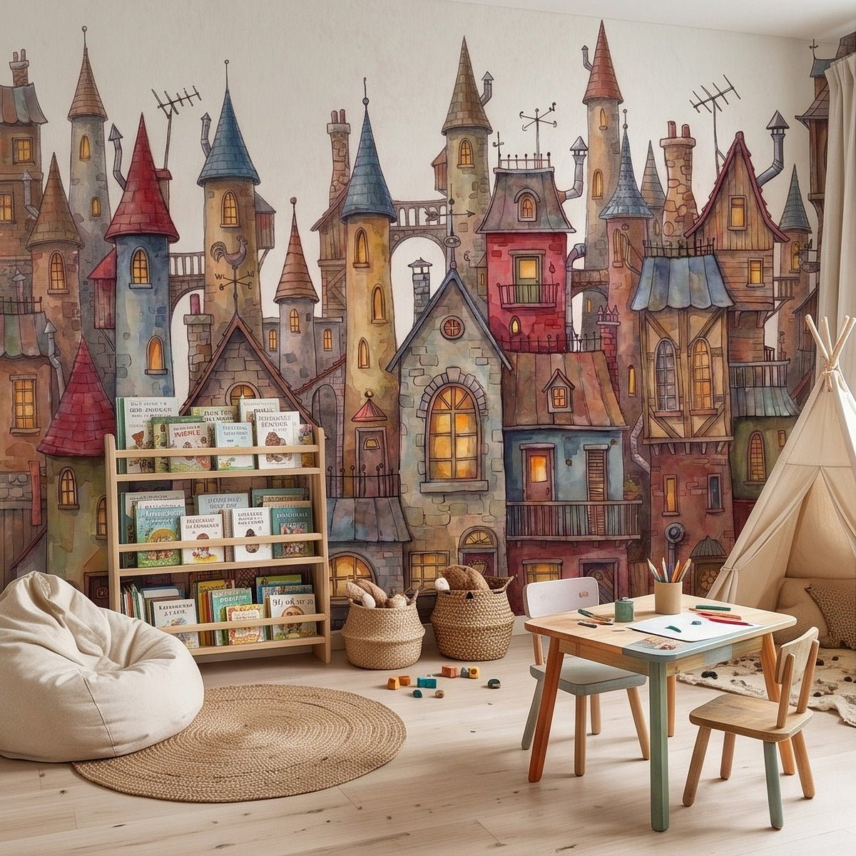 Colorful castle village wall mural with towers, chimneys, and arched windows