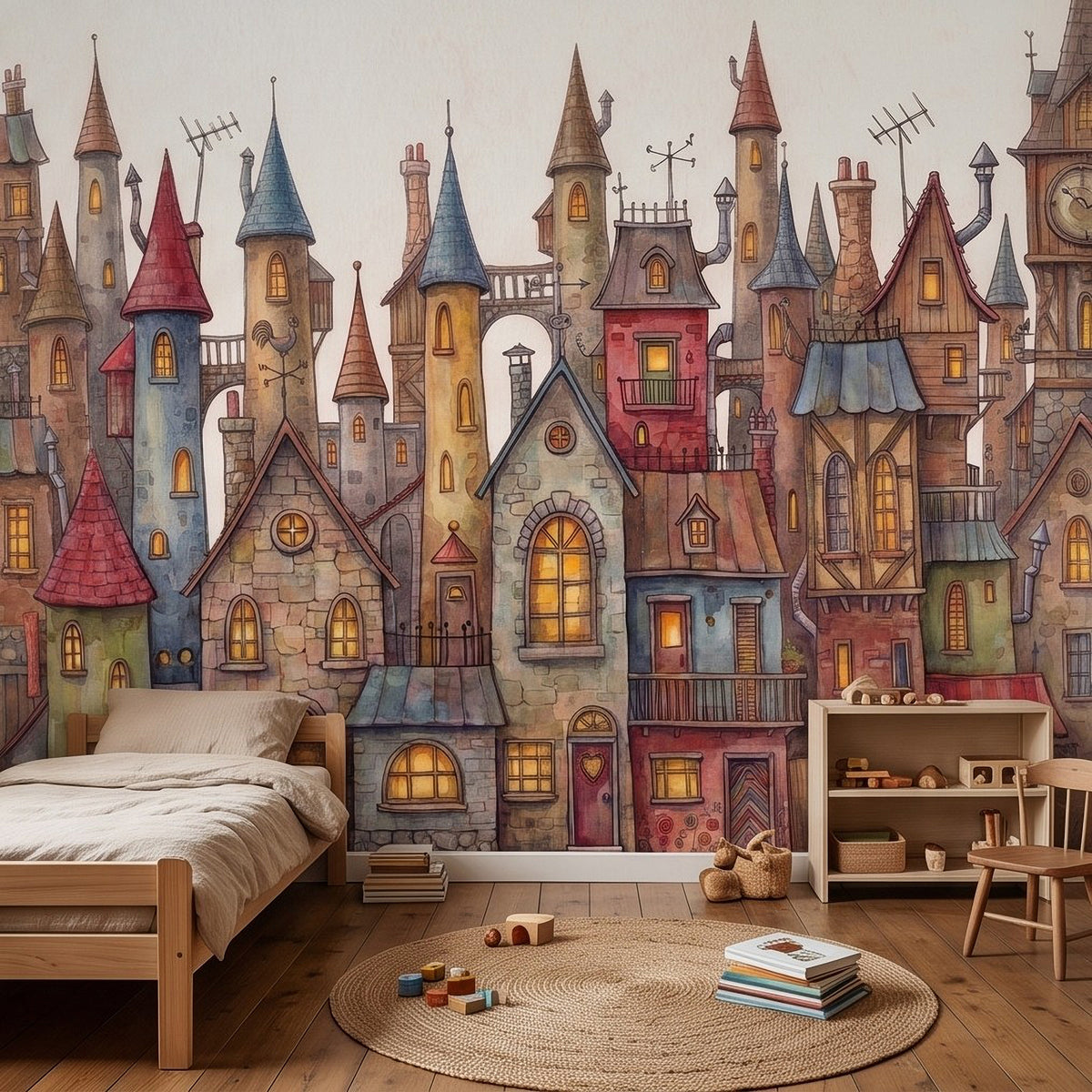 Colorful storybook castle village wall mural with windowed houses and rooftops