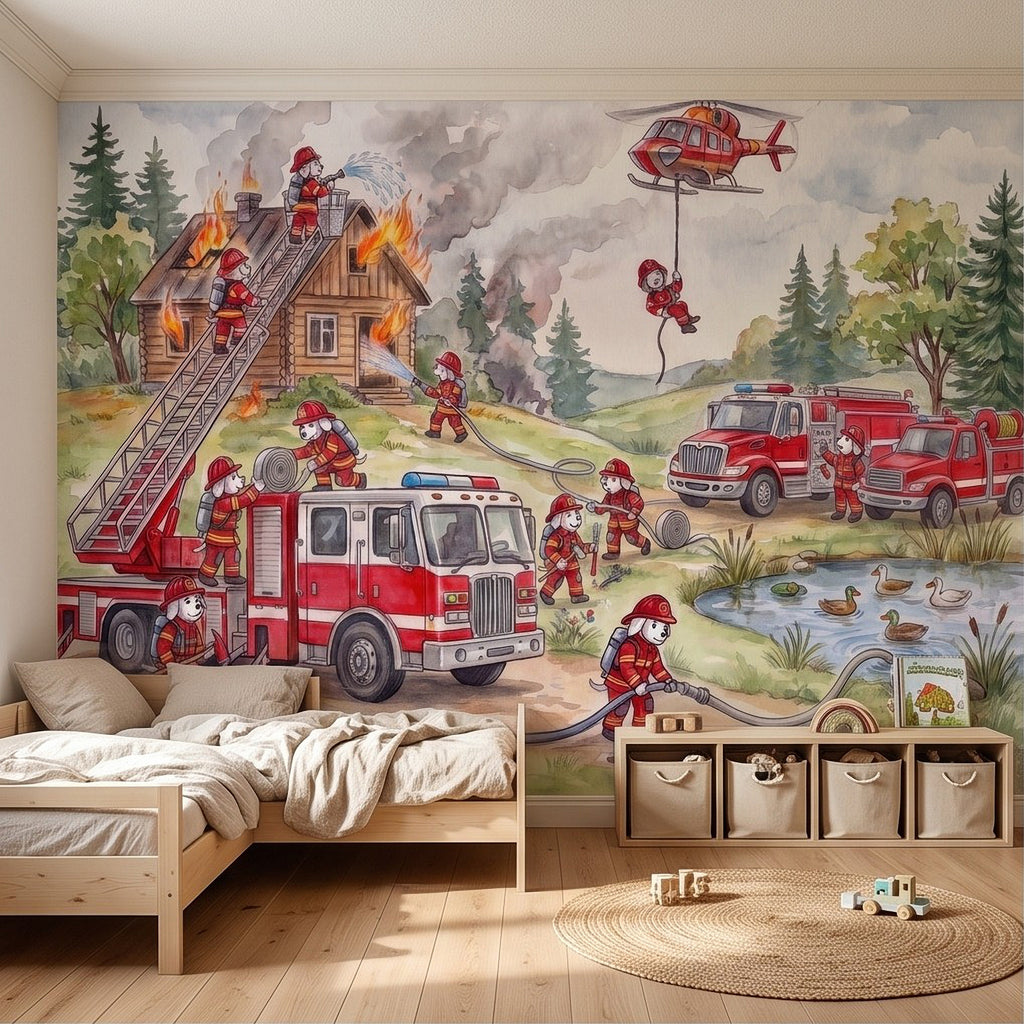 Firefighter rescue wall mural showing fire truck, firefighters, and helicopter overhead