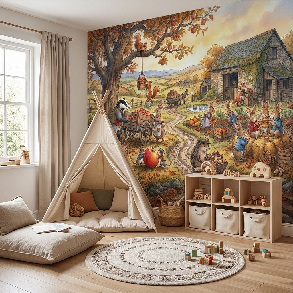 Whimsical farm orchard wall mural behind teepee play tent and round rug