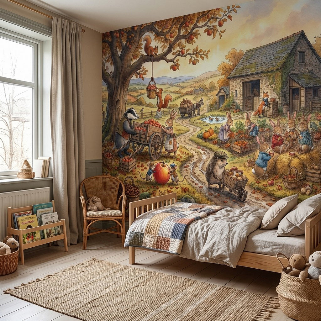 Autumn countryside wall mural with whimsical animals, winding path, pumpkins, and barn