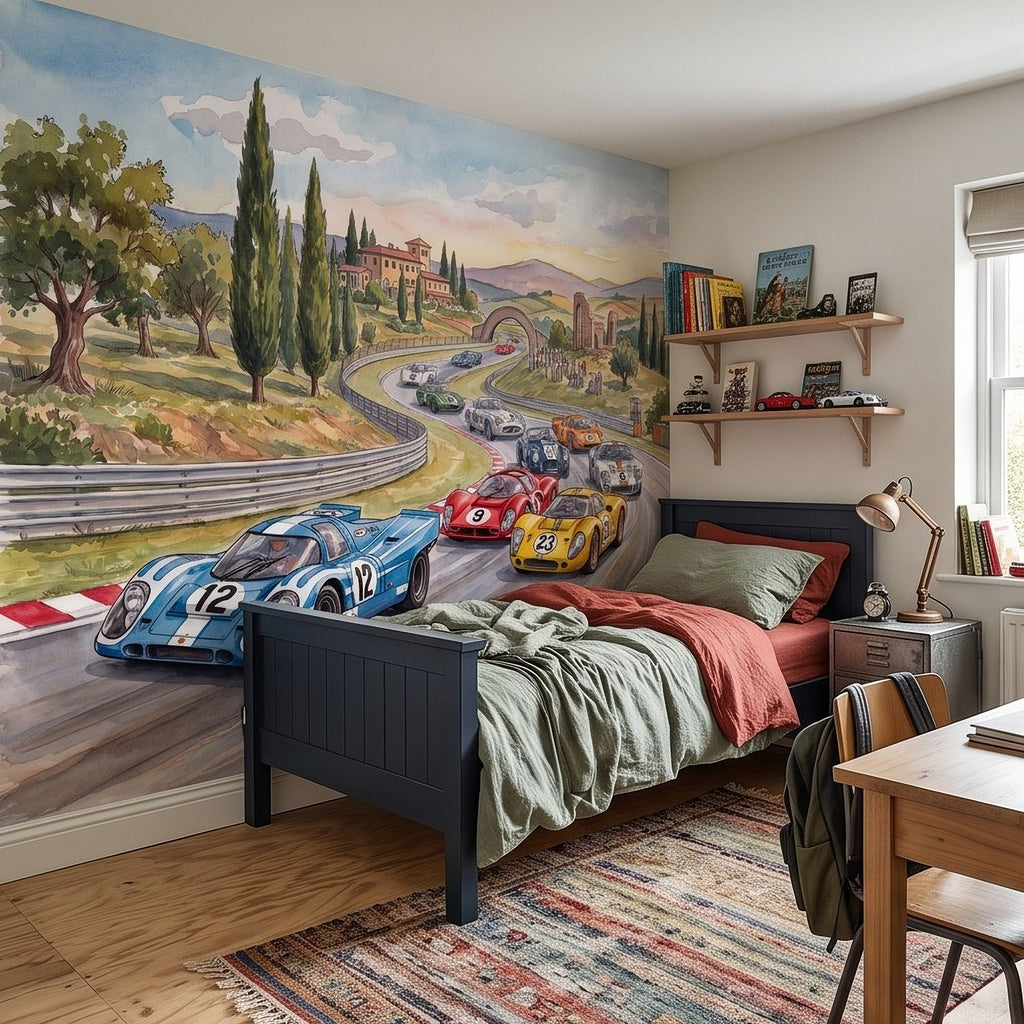 Race car wall mural with classic cars in blue, red, and yellow on track