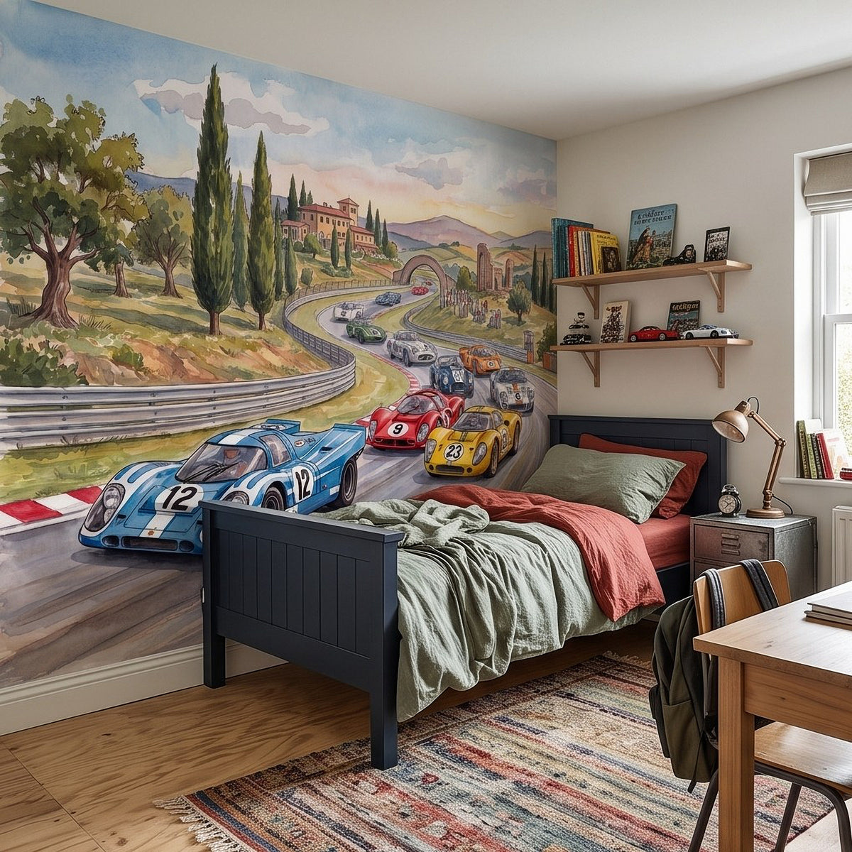 Race car wall mural with classic cars in blue, red, and yellow on track