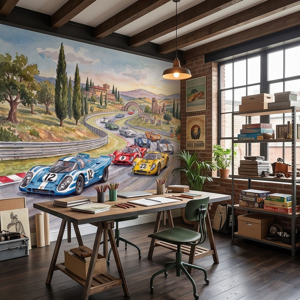 Race car wall mural featuring classic sports cars on a winding track