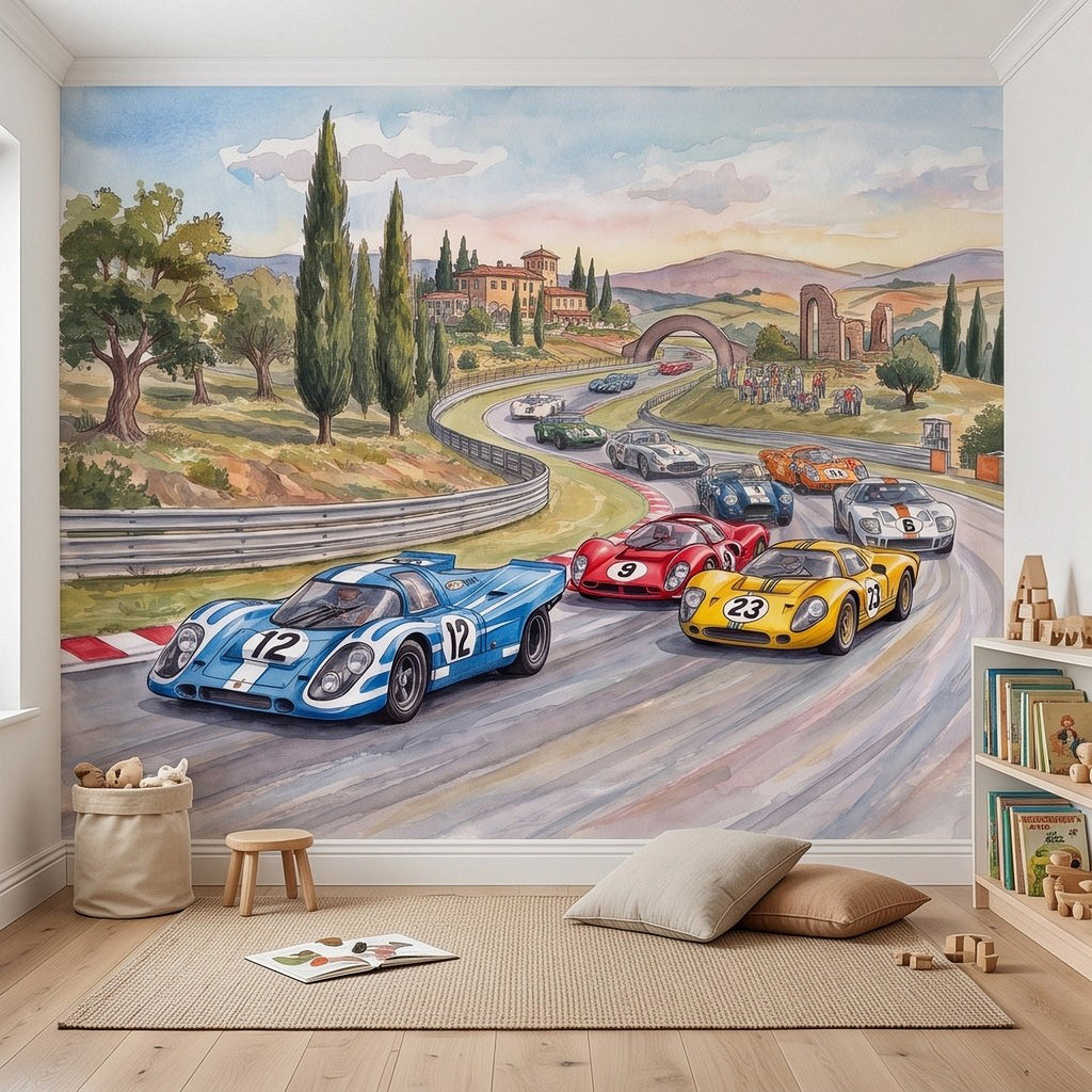 Vintage race car wall mural with lineup of cars along a curved track and archway