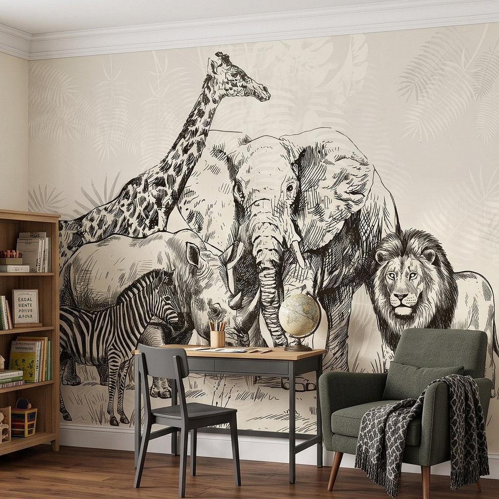 Safari wildlife wall mural with lion, elephant, giraffe, zebra, and rhino engraved in ink.