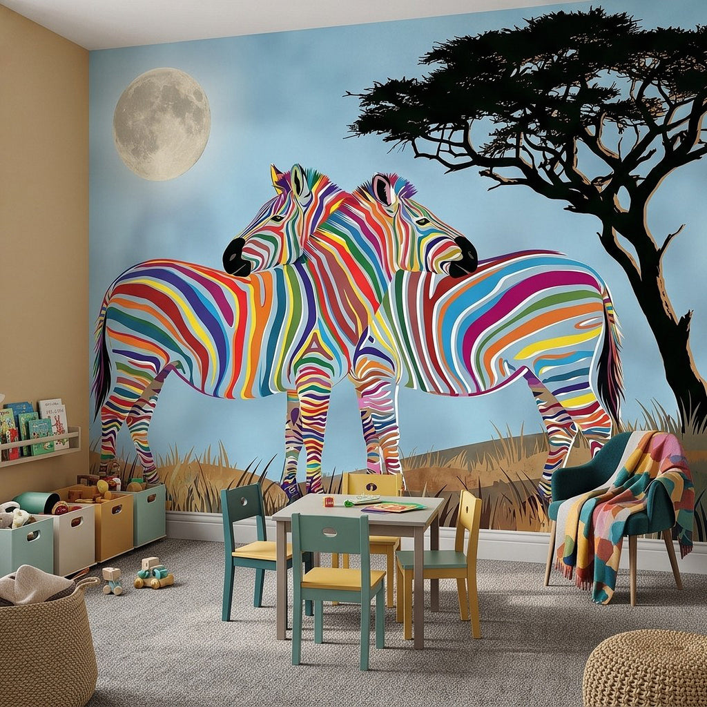 Colorful striped zebra mural with full moon and acacia tree on a light wall