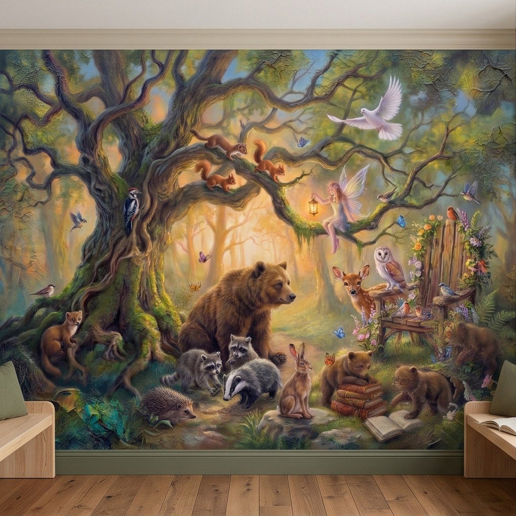 Woodland animal fairy wall mural with bear, rabbits, lanterns, and pink-wing birds