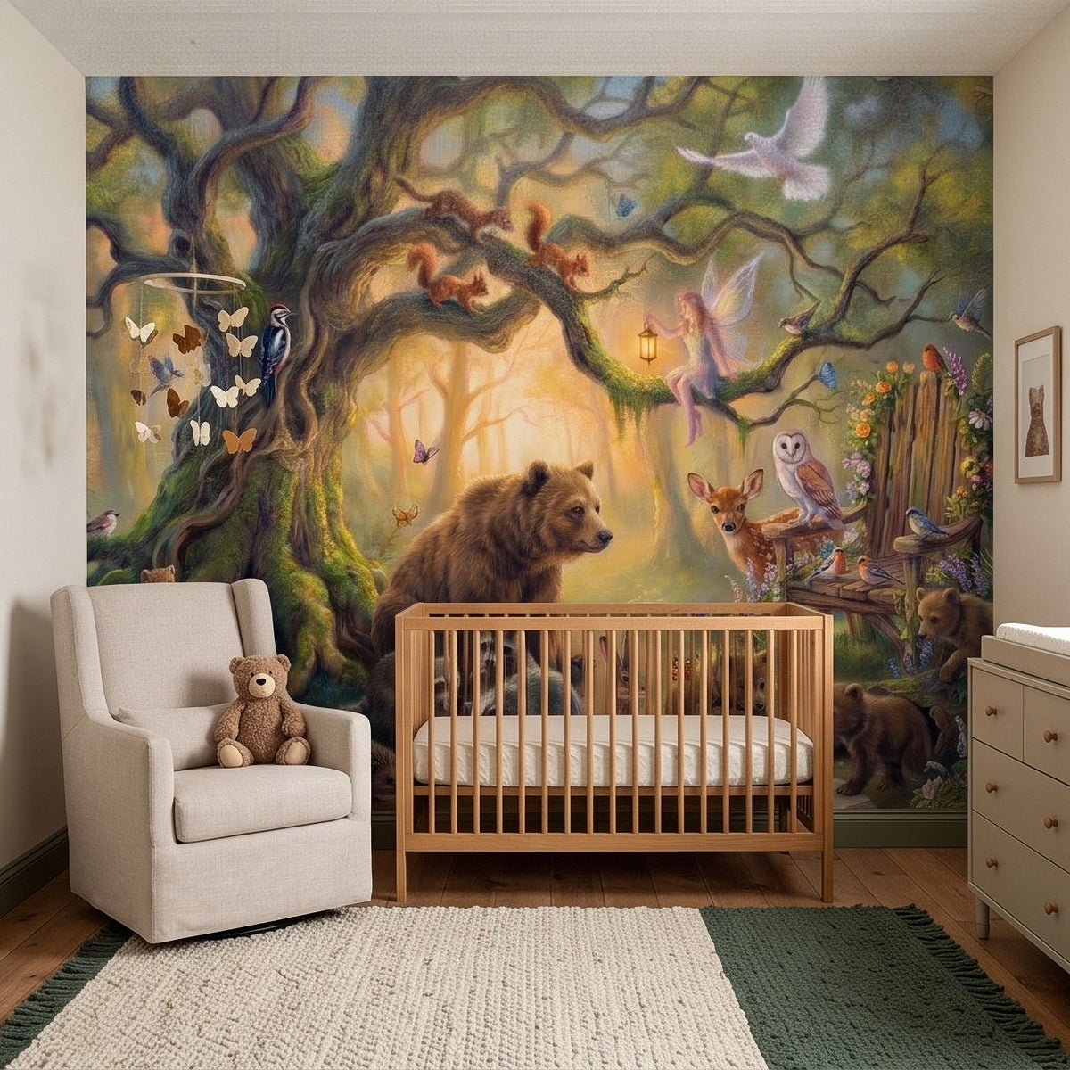 Woodland animal fairy wall mural with bear, owls, rabbits, and glowing lantern lights