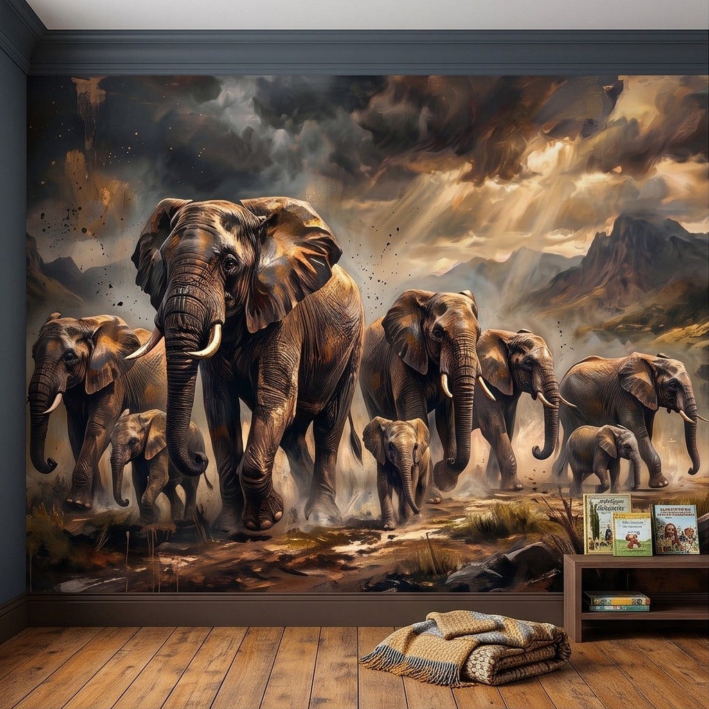 Elephant herd wall mural with big central elephant and distant animals in the savanna