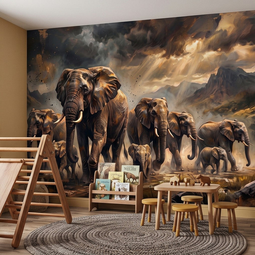 African elephant herd wall mural painting with multiple elephants in a scenic landscape