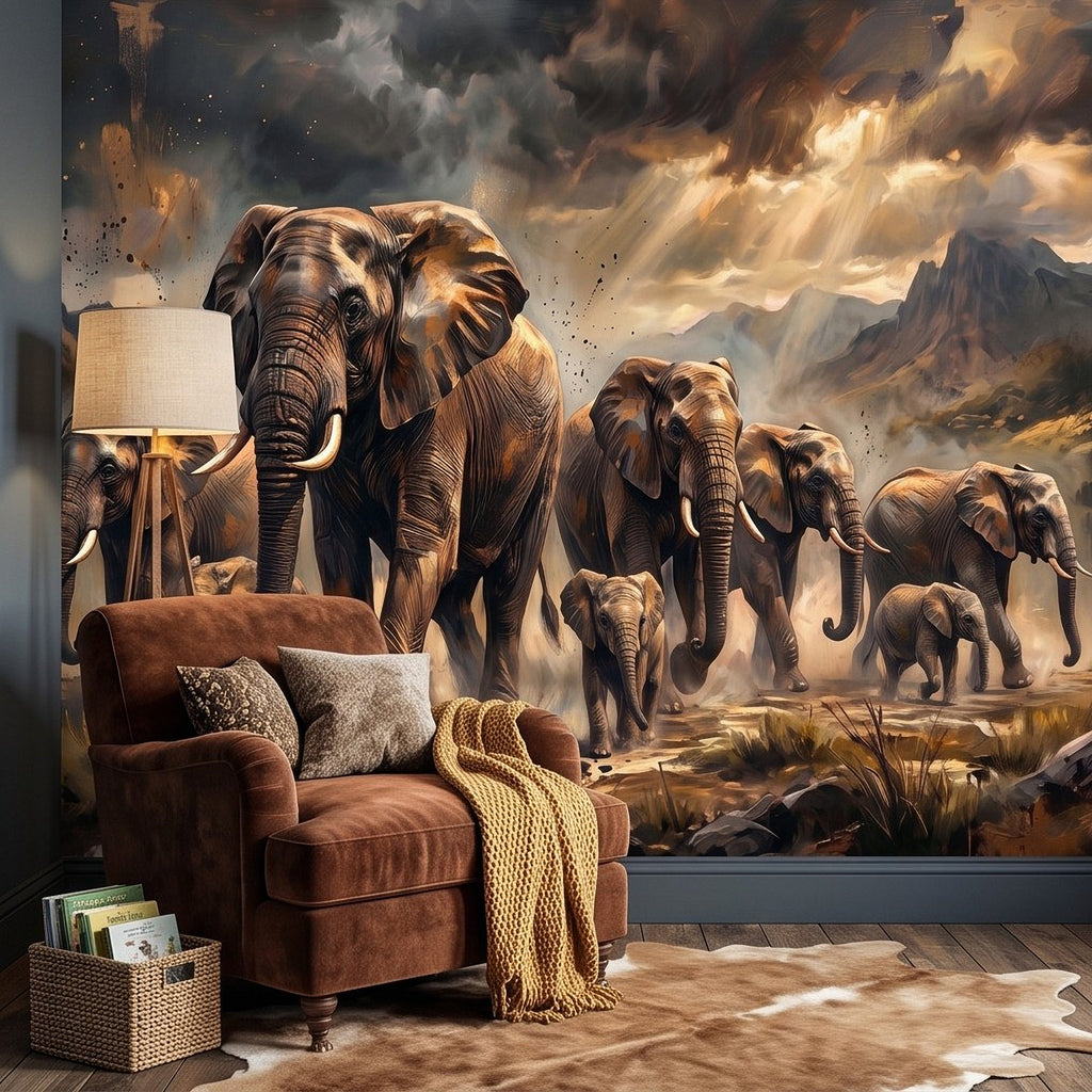 African elephant herd wall mural painting with brown elephants and golden sky