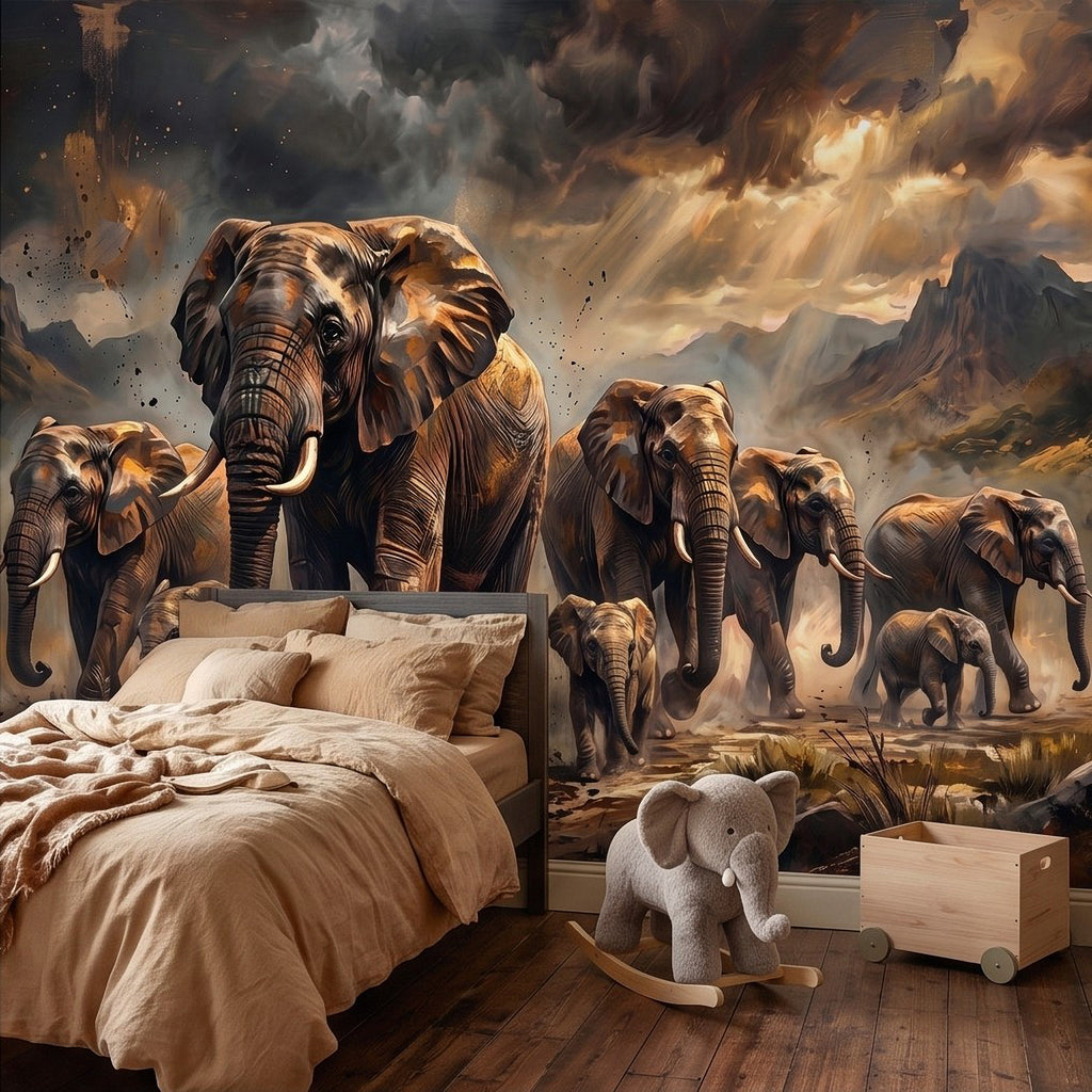 Elephant herd wall mural featuring a bold lead elephant and smaller elephants