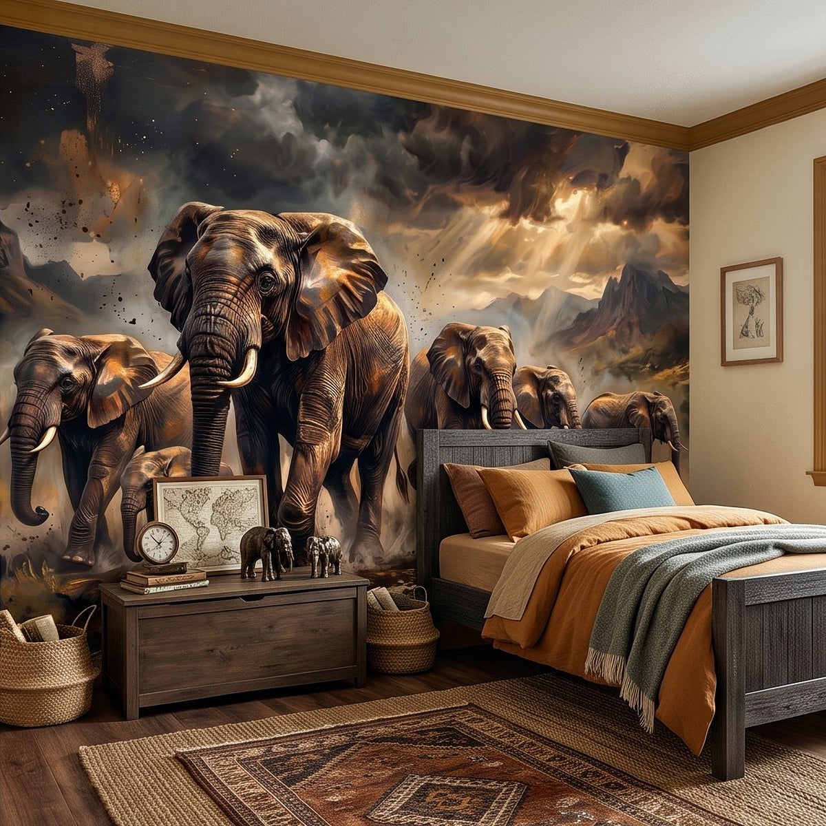 African elephant herd wall mural painting featuring large foreground elephant and savanna scene