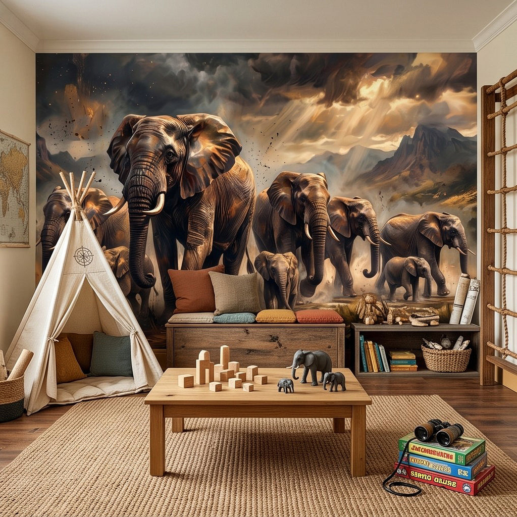 African elephant herd wall mural painting with herd silhouettes near mountains and clouds
