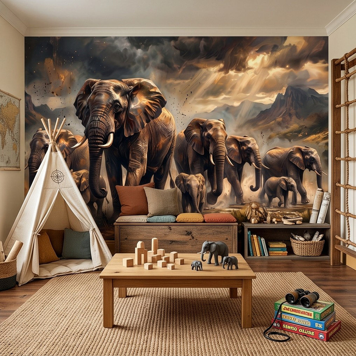 African elephant herd wall mural painting with herd silhouettes near mountains and clouds