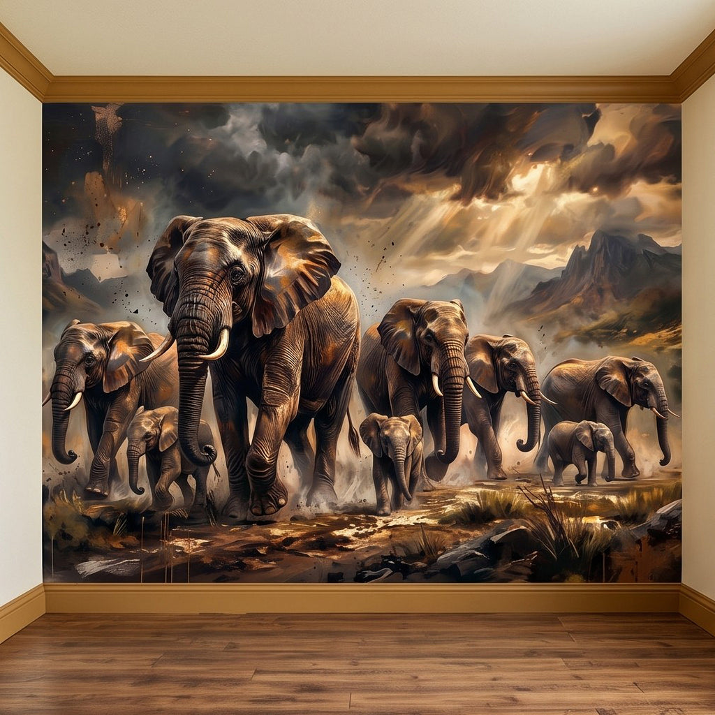 Elephant herd wall mural with a front-facing lead elephant and surrounding elephants