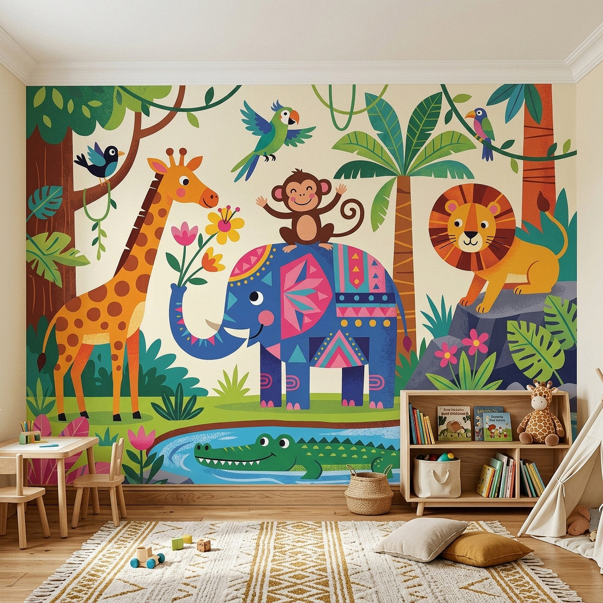 Kids jungle animal mural with giraffe, elephant, lion, monkey, birds, and crocodile in a bright room