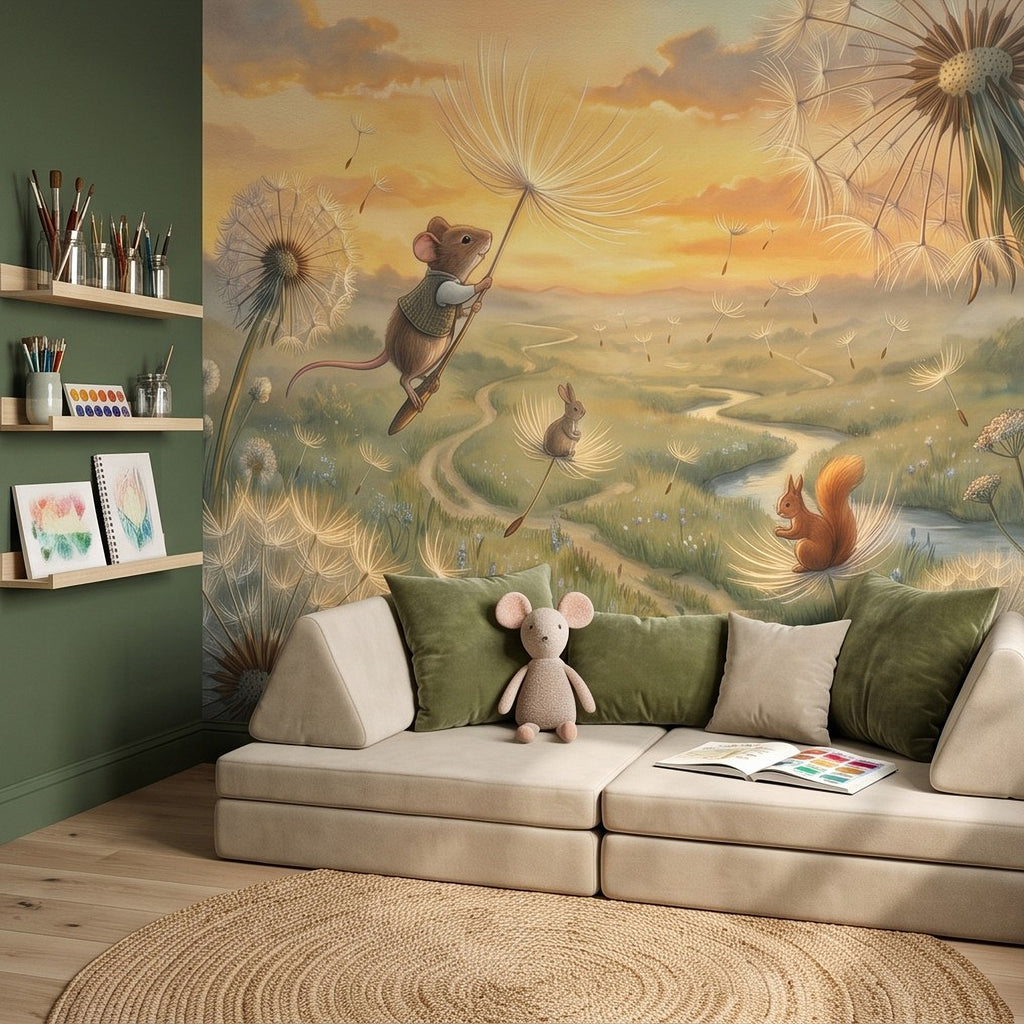 Woodland meadow wall mural with flying mouse, birds, squirrel, and dandelion seed heads.
