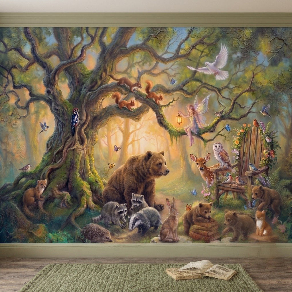 Woodland animal fairy wall mural with bear, foxes, rabbits, and flying birds