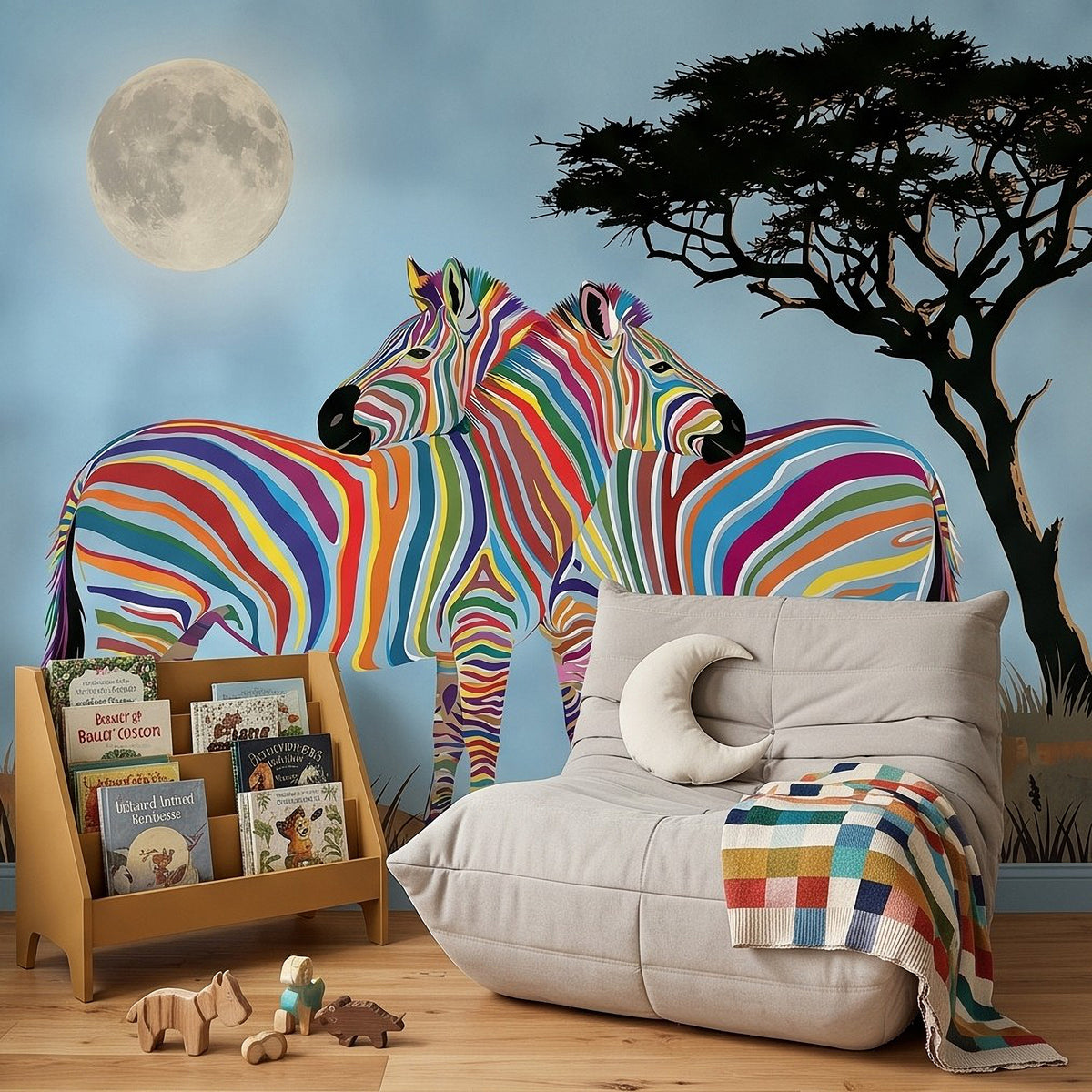 Close-up zebra wall mural showing rainbow stripes, full moon, and acacia tree branches