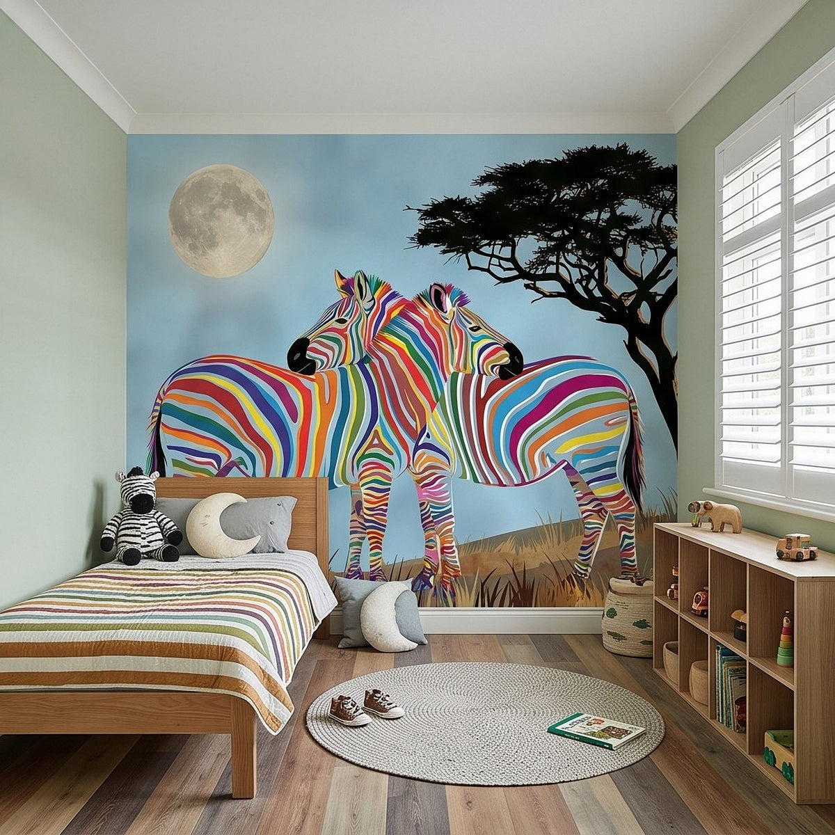 Rainbow zebra wall mural with full moon and acacia tree, featuring two standing zebras