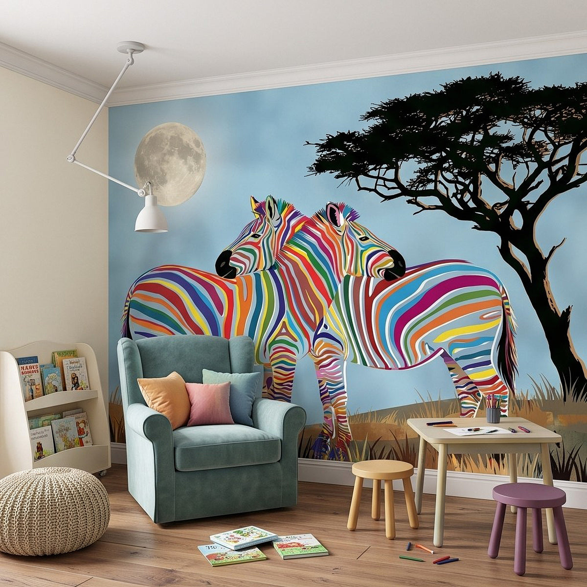 Colorful rainbow zebras wall mural with full moon and dark acacia tree branches
