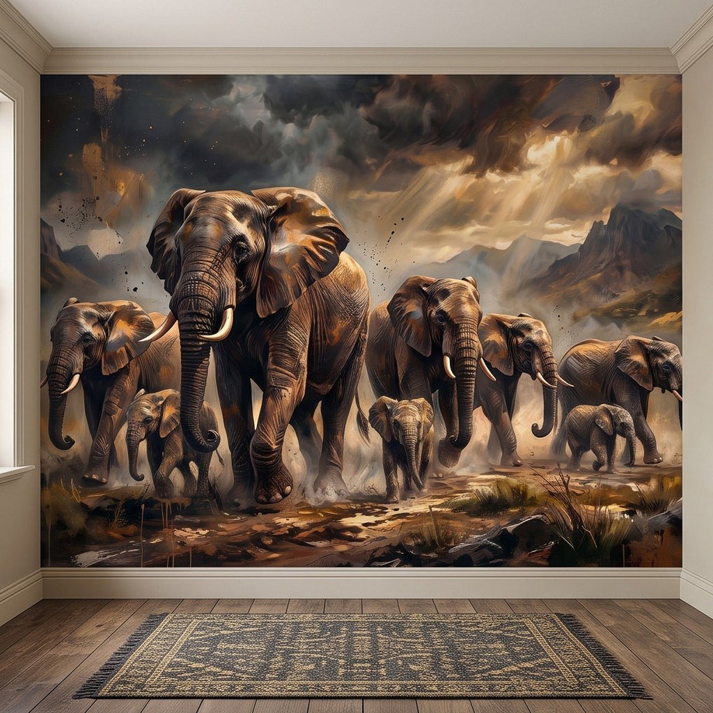 African elephant herd wall mural painting with dramatic clouds and savanna landscape