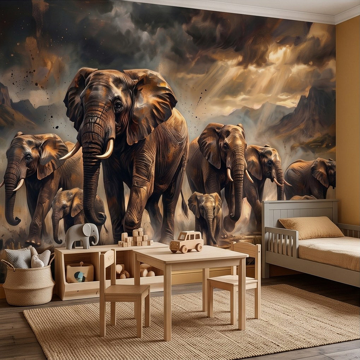 Elephants wall mural with central lead elephant and surrounding herd in savanna dust
